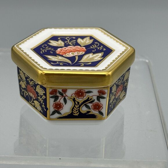 Vtg Royal Crown Derby English Bone China Hexagon Lidded Trinket Box A1298 Imari - Picture 12 of 13